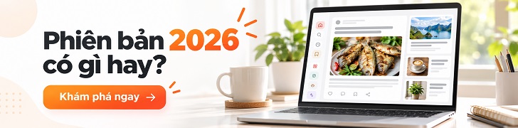 Banner giới thiệu phiên bản 2026, có hình laptop hiển thị giao diện Feed, dòng chữ “Phiên bản 2026 có gì hay?” và nút “Khám phá ngay”